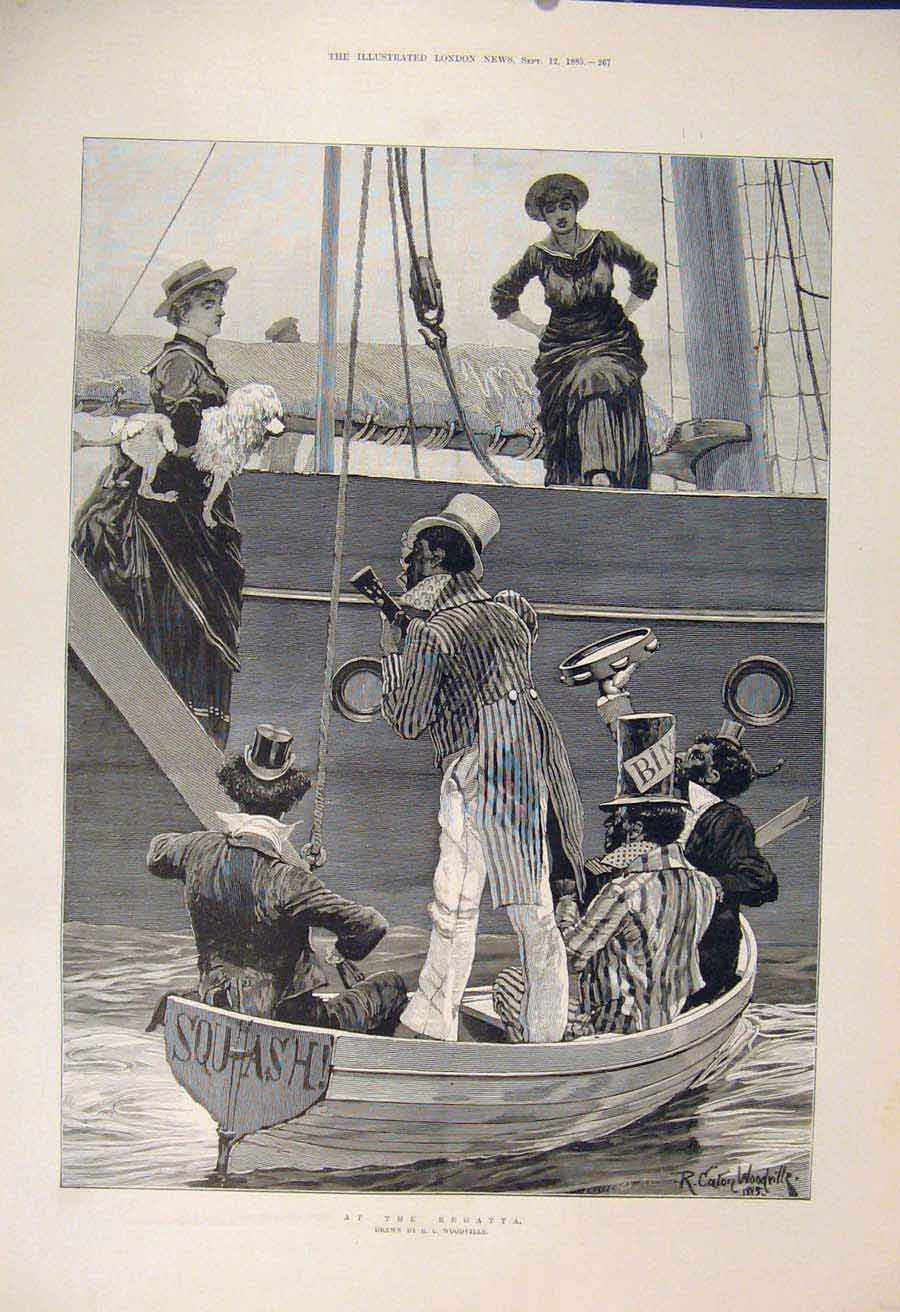 Original Old Antique Print Regatta Boat Boats Yacht Woodville Fine Art 1885 19th