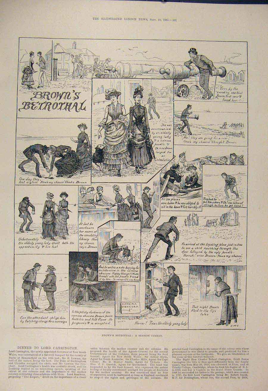 Original Old Antique Print Seaside Comedy Betrothal Brown'S Sketch Fine Art 1885