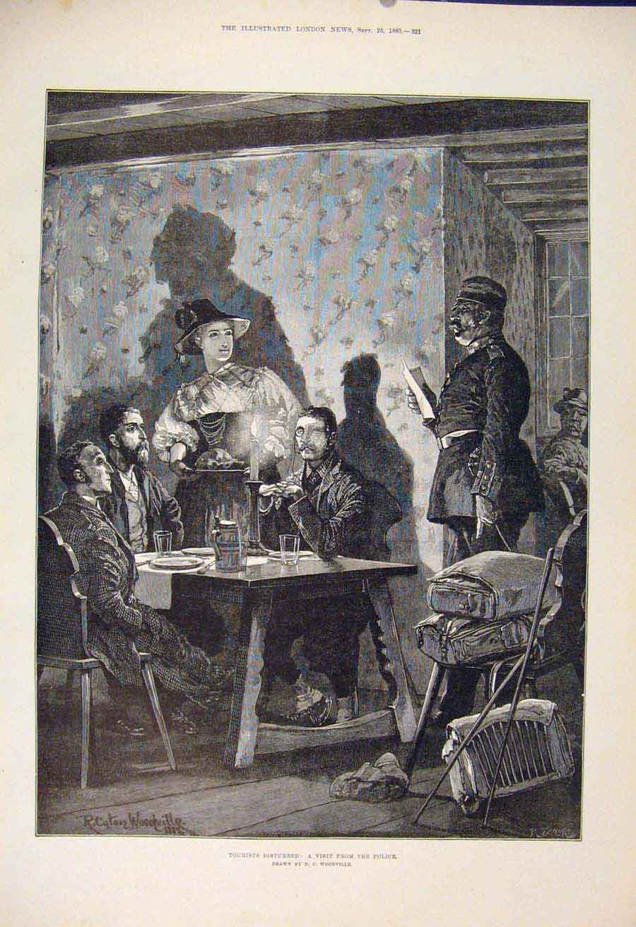Original Old Antique Print Police Visit Tourists Woodville Fine Art 1885 19th