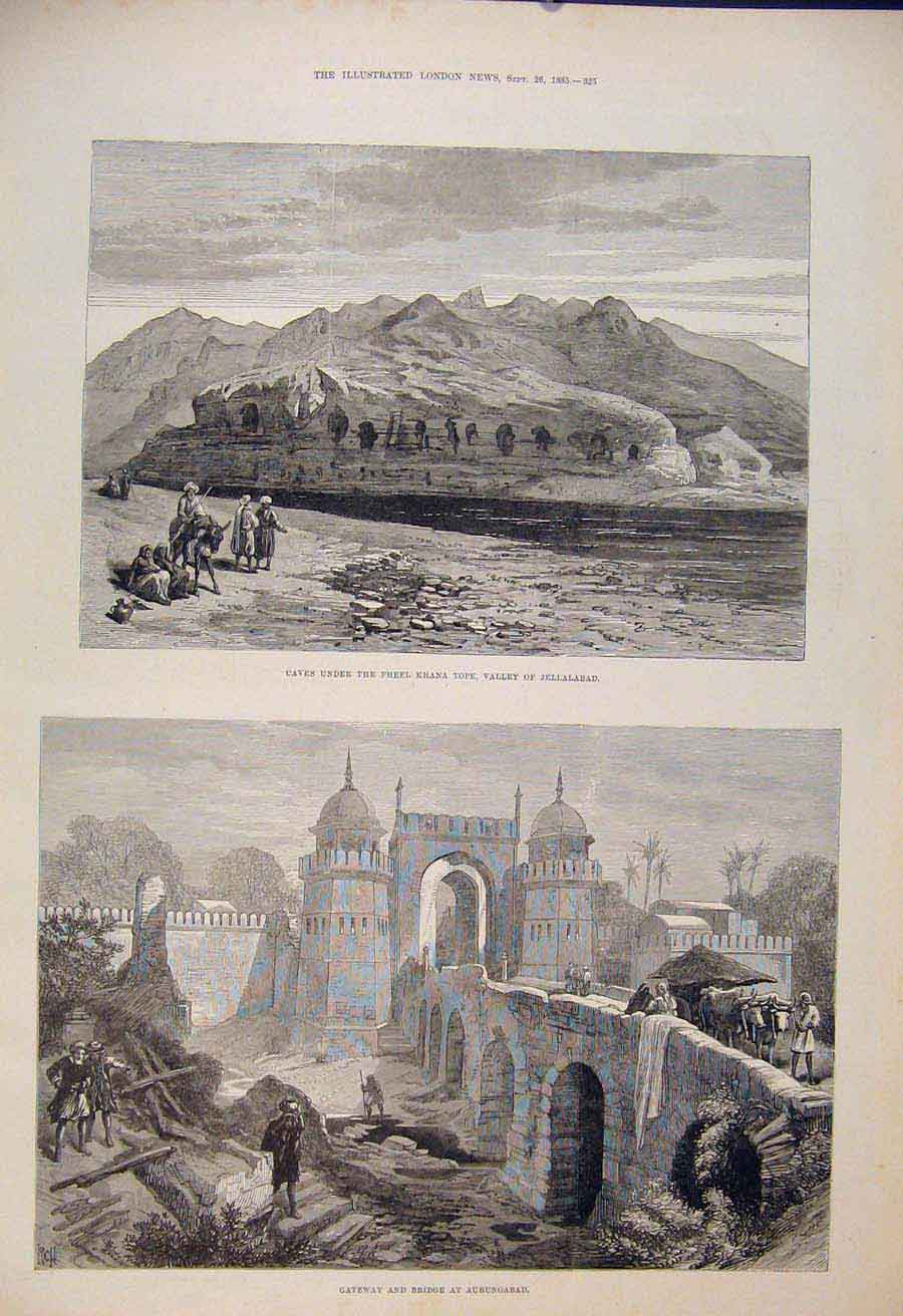 Original Old Antique Print Pheel Khana Tope Valley Jellalabad Aurungabad Bridge