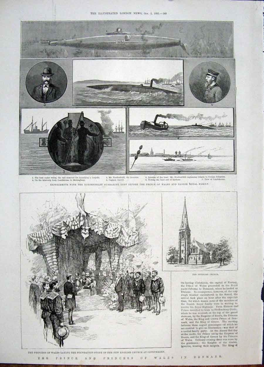 Original Old Antique Print Denmark Copenhagen Church Nordenfeldt Submarine Boat