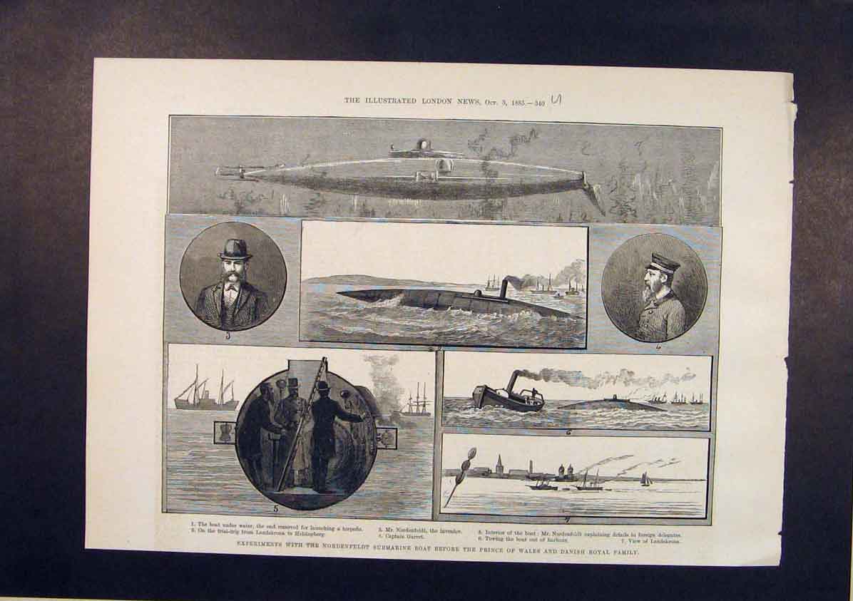 Original Old Antique Print Nordenfeldt Submarine Boat Prince Wales Danish Royal