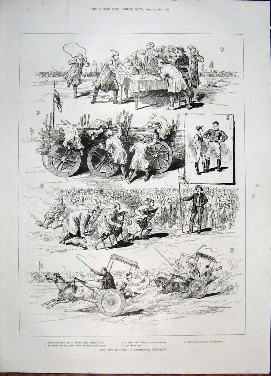 Original Old Antique Print India Camp Gymkhana Race Jockey Regimental 1885 19th