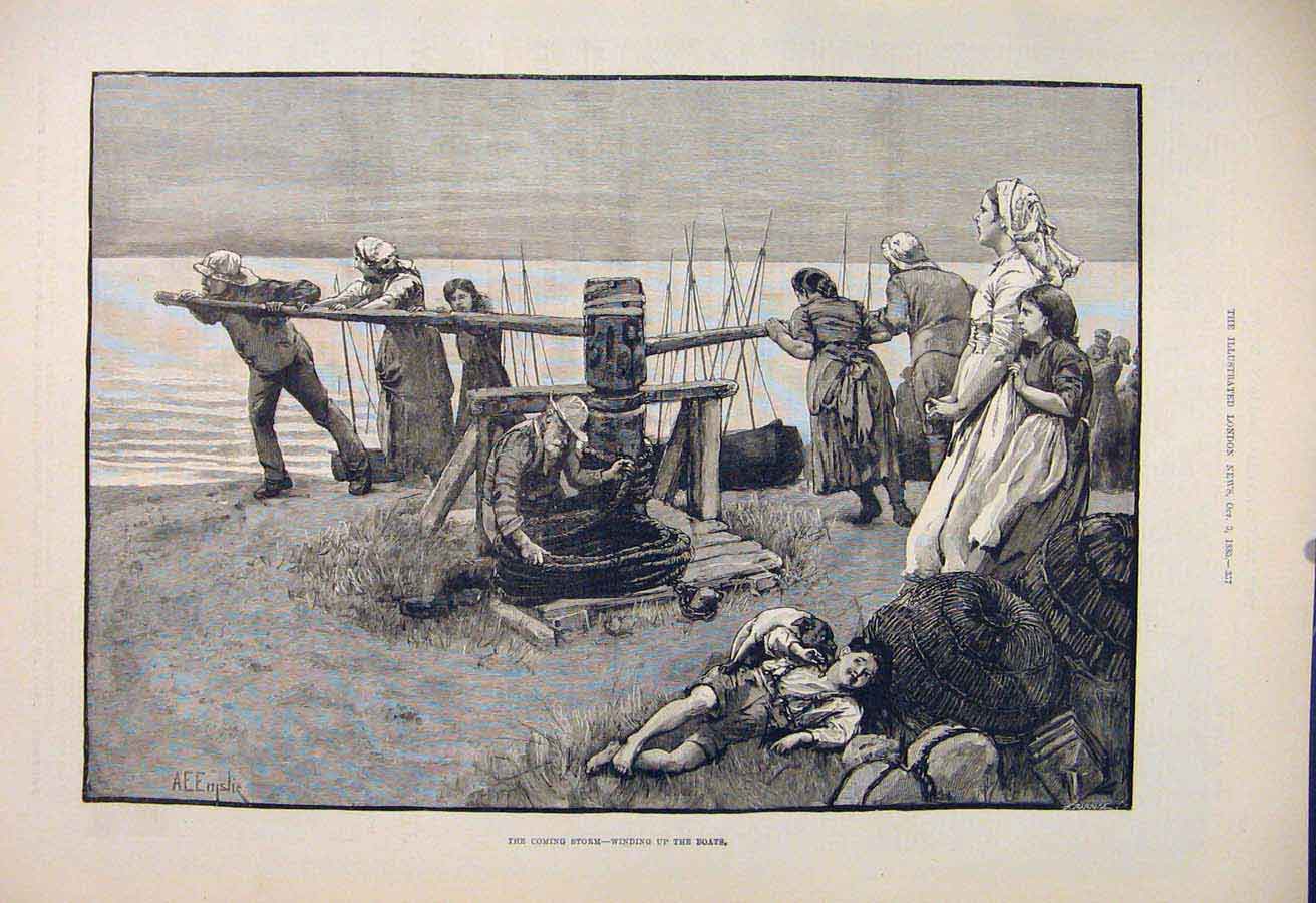 Original Old Antique Print Storm Boats Enslie Fine Art 1885 19th