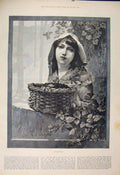 Original Old Antique Print Blackberries Girl Lady Basket Fruit Fine Art 1885