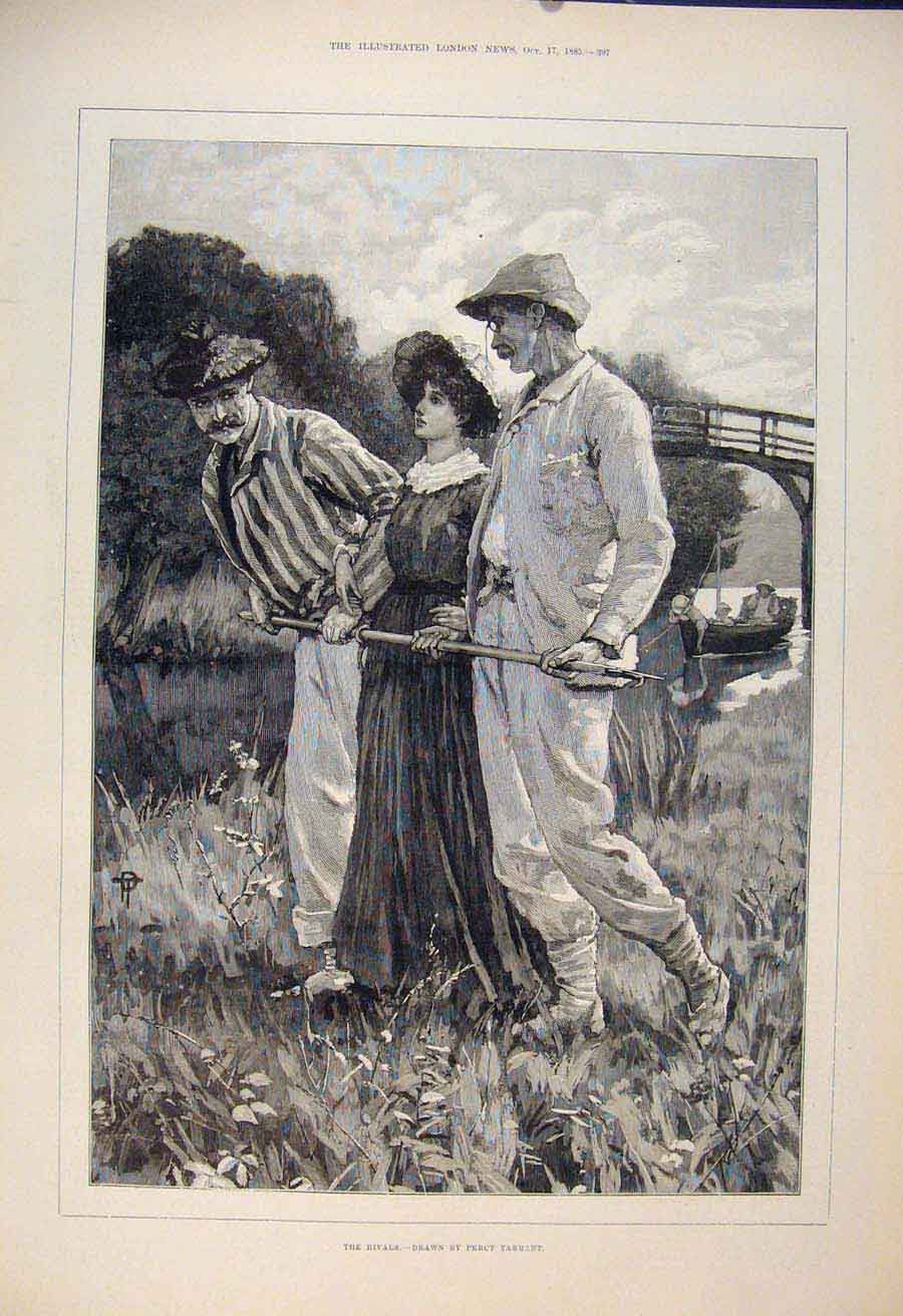 Original Old Antique Print Rivals Men Lady Sketch Tarrant River Fine Art 1885