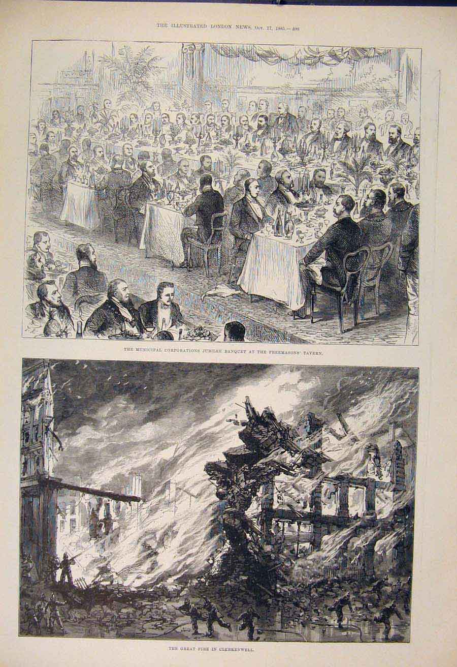 Antique Antique Print Municipal Corporation Freemason Tavern Fire Clerkenwell 00MAA1