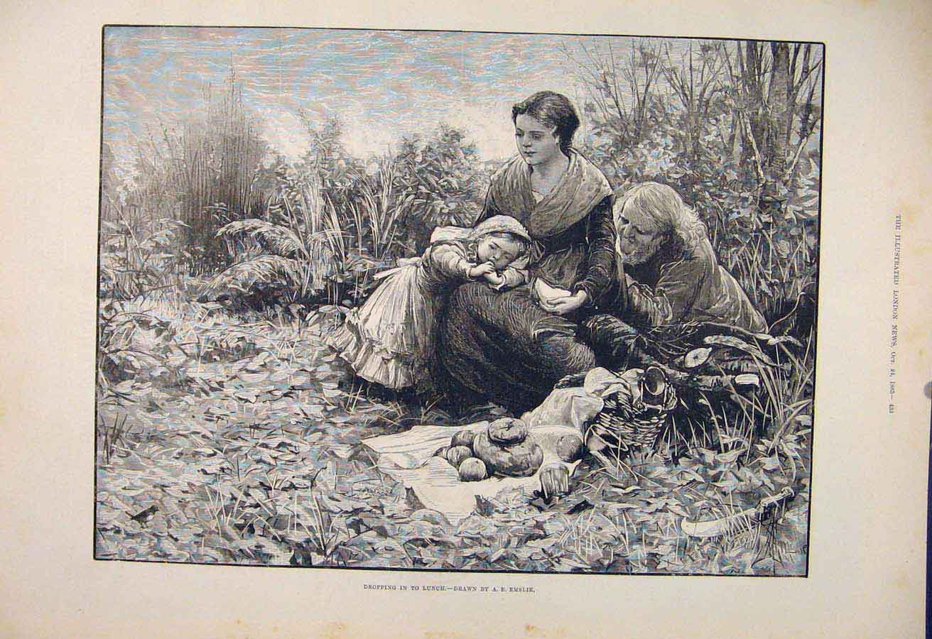 Original Old Antique Print Lunch Picnic Bird Child Lady Emslie Fine Art 1885