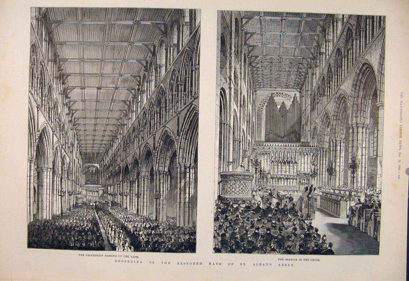 Original Old Antique Print Nave St Alban'S Abbey London Choir Procession 1885