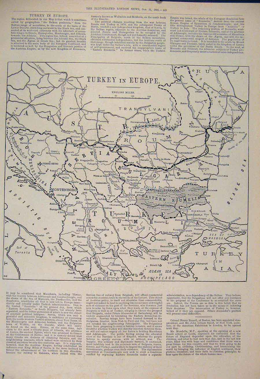 Original Old Antique Print Map Turkey Europe Servia Bulgaria Roumania 1885 19th