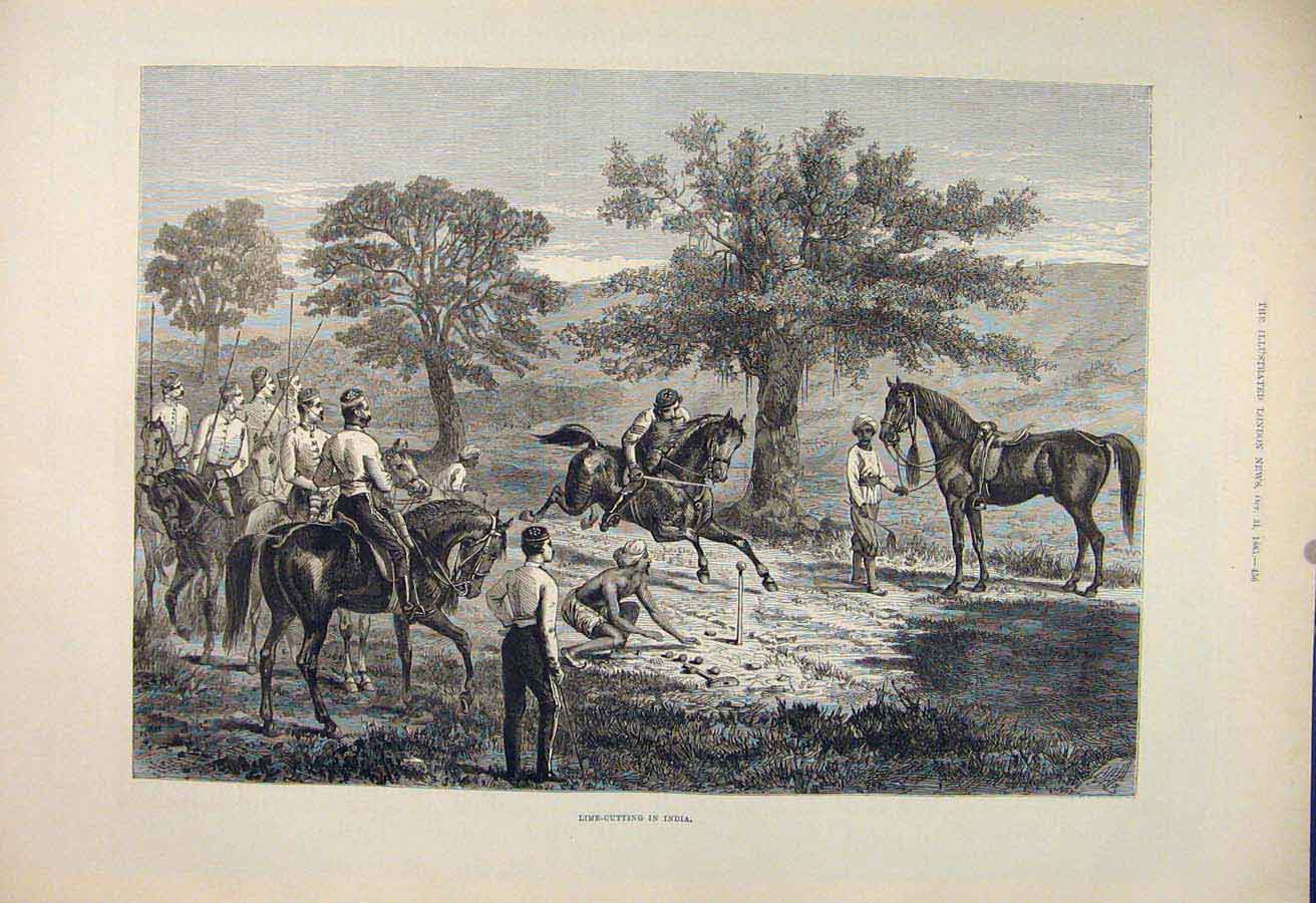 Original Old Antique Print Lime Cutting India Sport Games Horse Indian 1885 19th