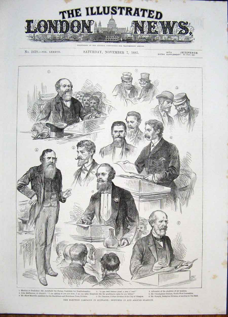 Original Old Antique Print Election Scotland Glasgow Candidate 1885 Victorian