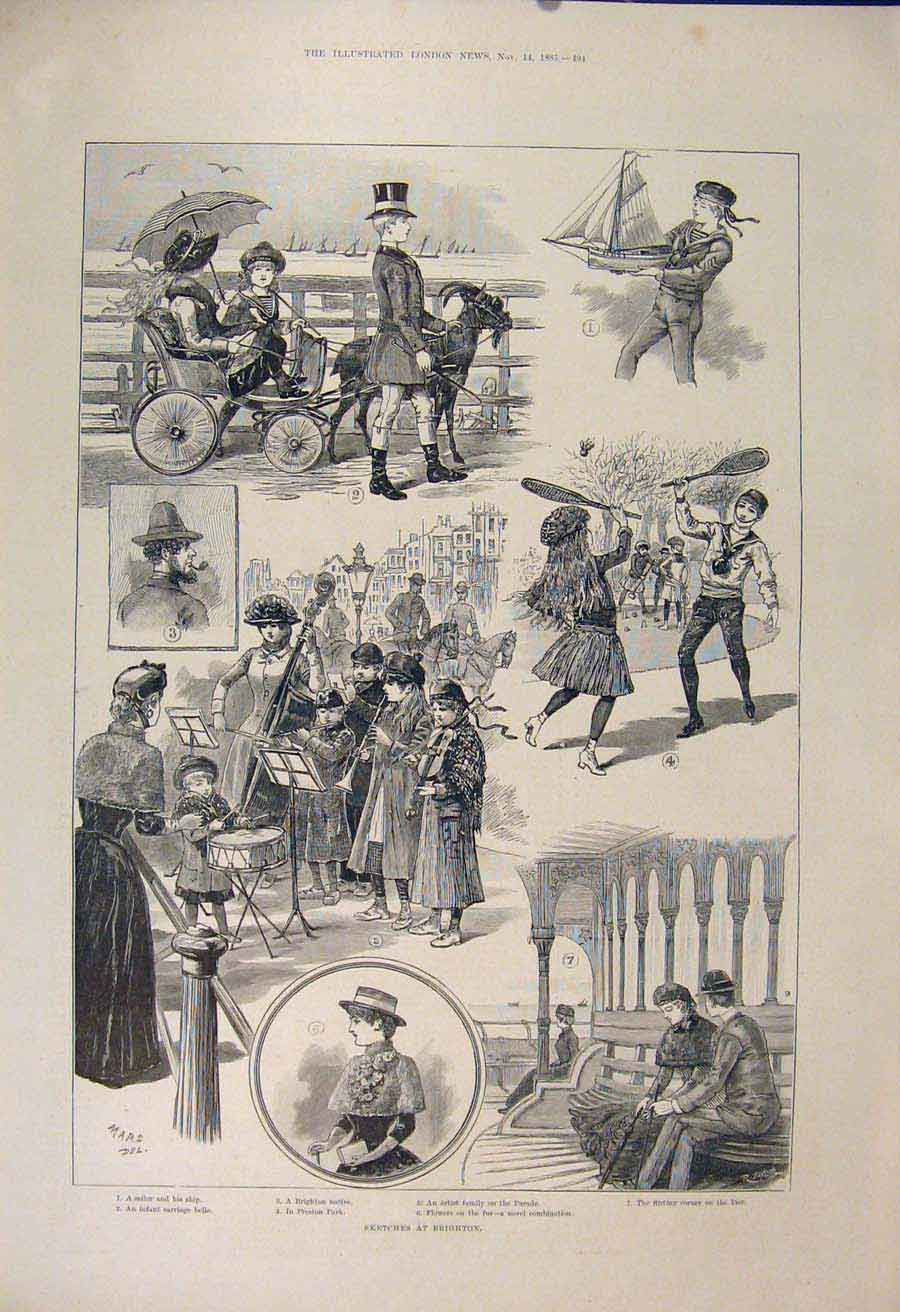 Original Old Antique Print Sketches Brighton Beach Pier Preston Park Goat 1885