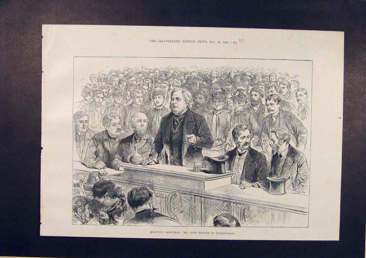 Original Old Antique Print Election Sketches Bright Birmingham 1885 Victorian