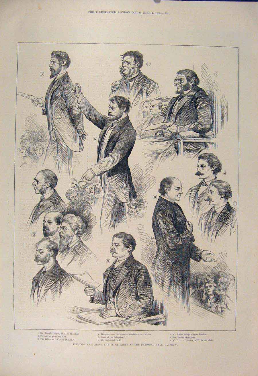 Original Old Antique Print Election Sketches Irish Party Glasgow Biggar Steward