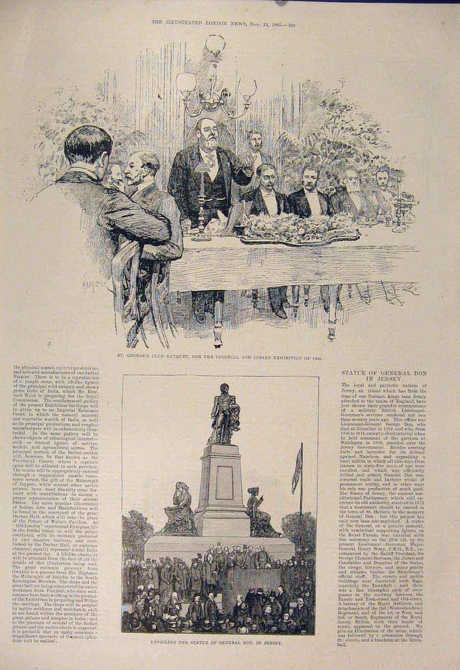 Old Antique Print George'S Club Banquet Colonial Indian Statue Don Jersey