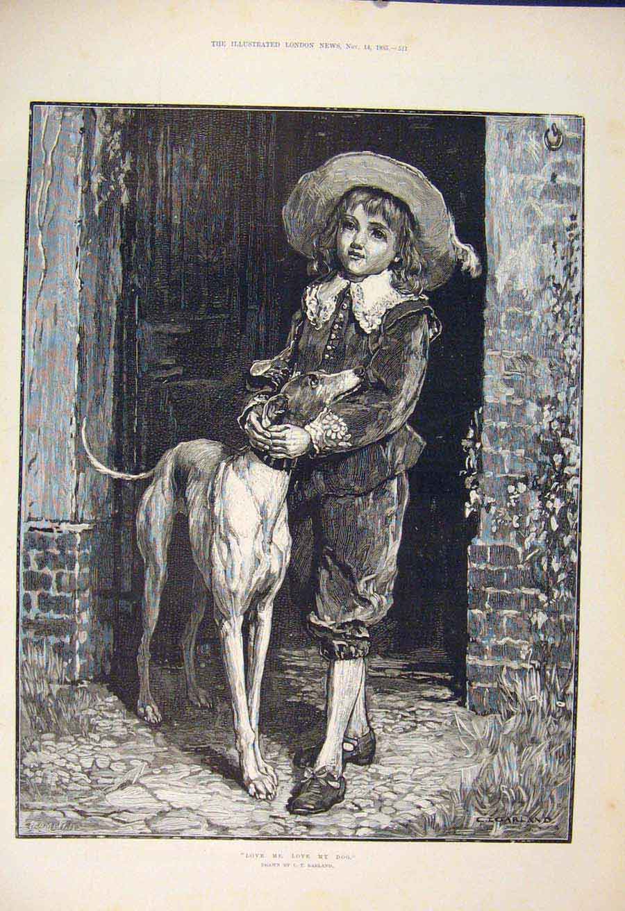 Original Old Antique Print Love Me Dog Garland Fine Art 1885 19th