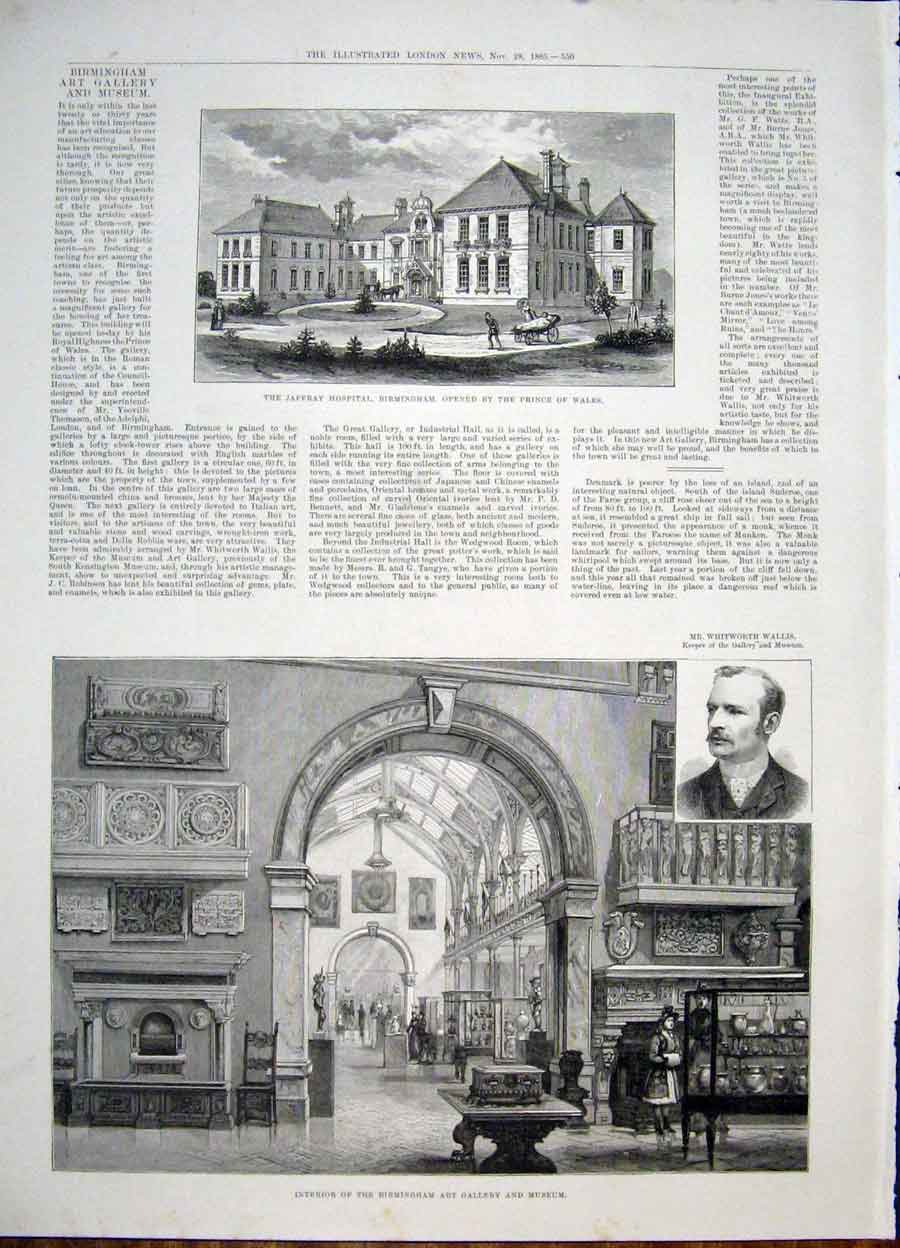 Original Old Antique Print Jaffray Hospital Birmingham Gallery Museum 1885 19th