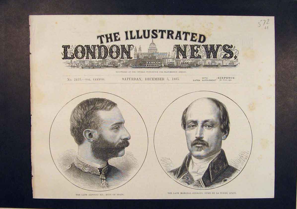 Original Old Antique Print Portrait Alfonson King Spain Serrano Duke Torre 1885