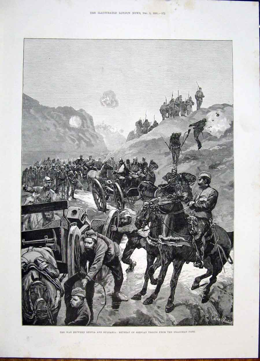 Original Old Antique Print Servia Bulgaria War Serivan Troops Dragoman Pass 1885