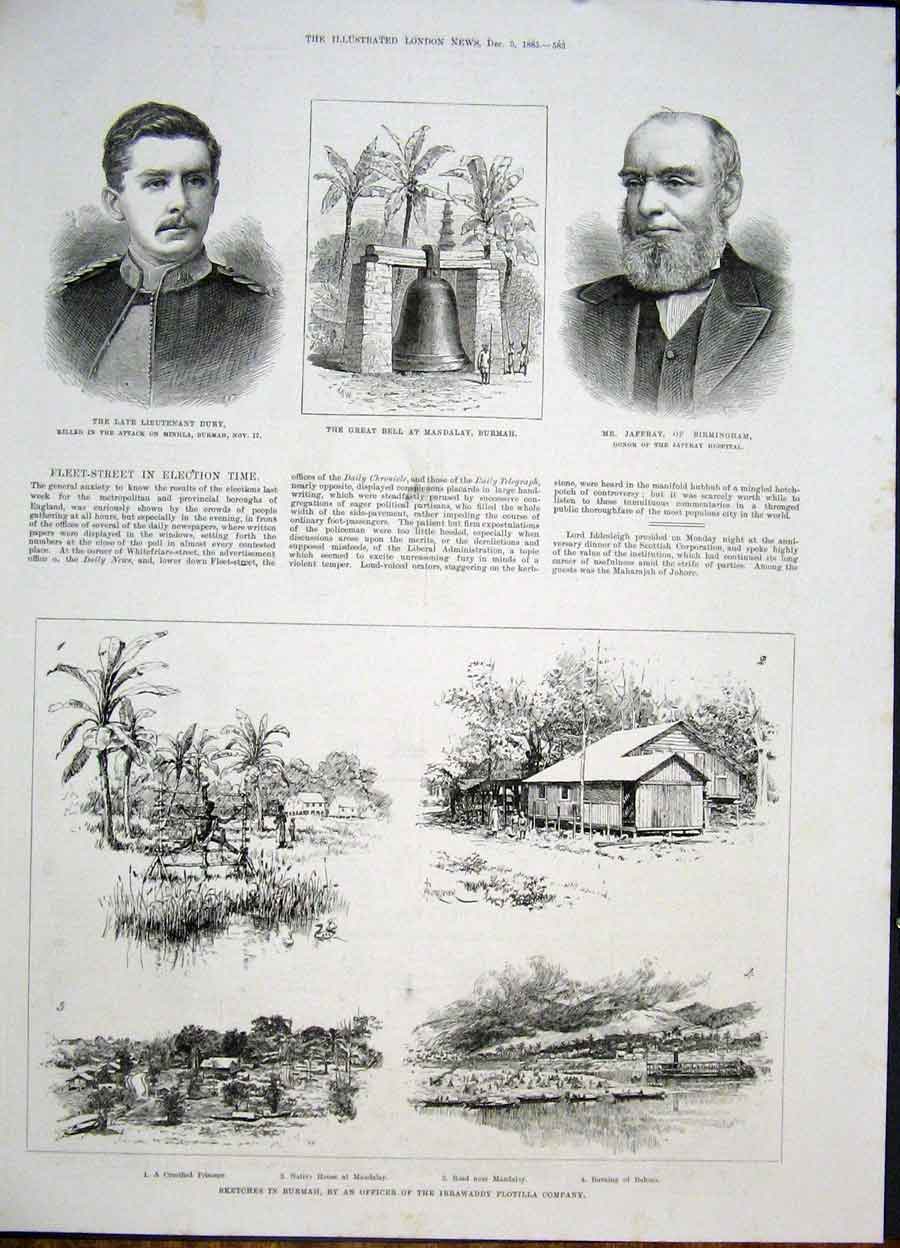 Original Old Antique Print Portrait Drury Jaffray Bell Mandalay Burmah Irrawaddy