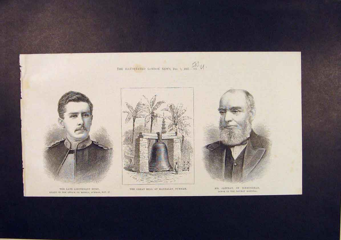 Original Old Antique Print Portrait Dury Jaffray Birmingham Bell Mandalay 1885