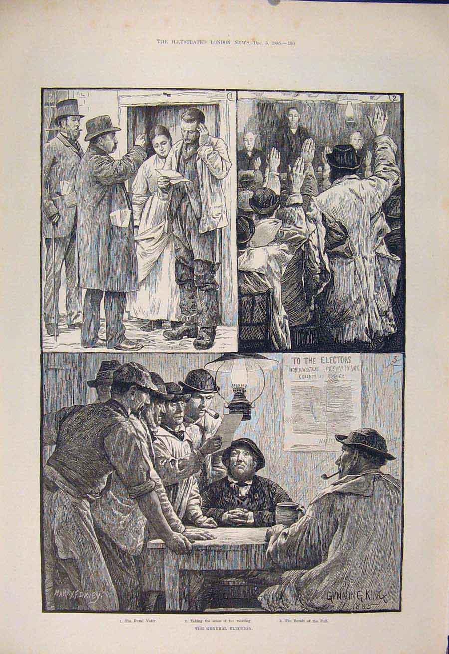 Original Old Antique Print General Election Rural Voter Poll 1885 19th
