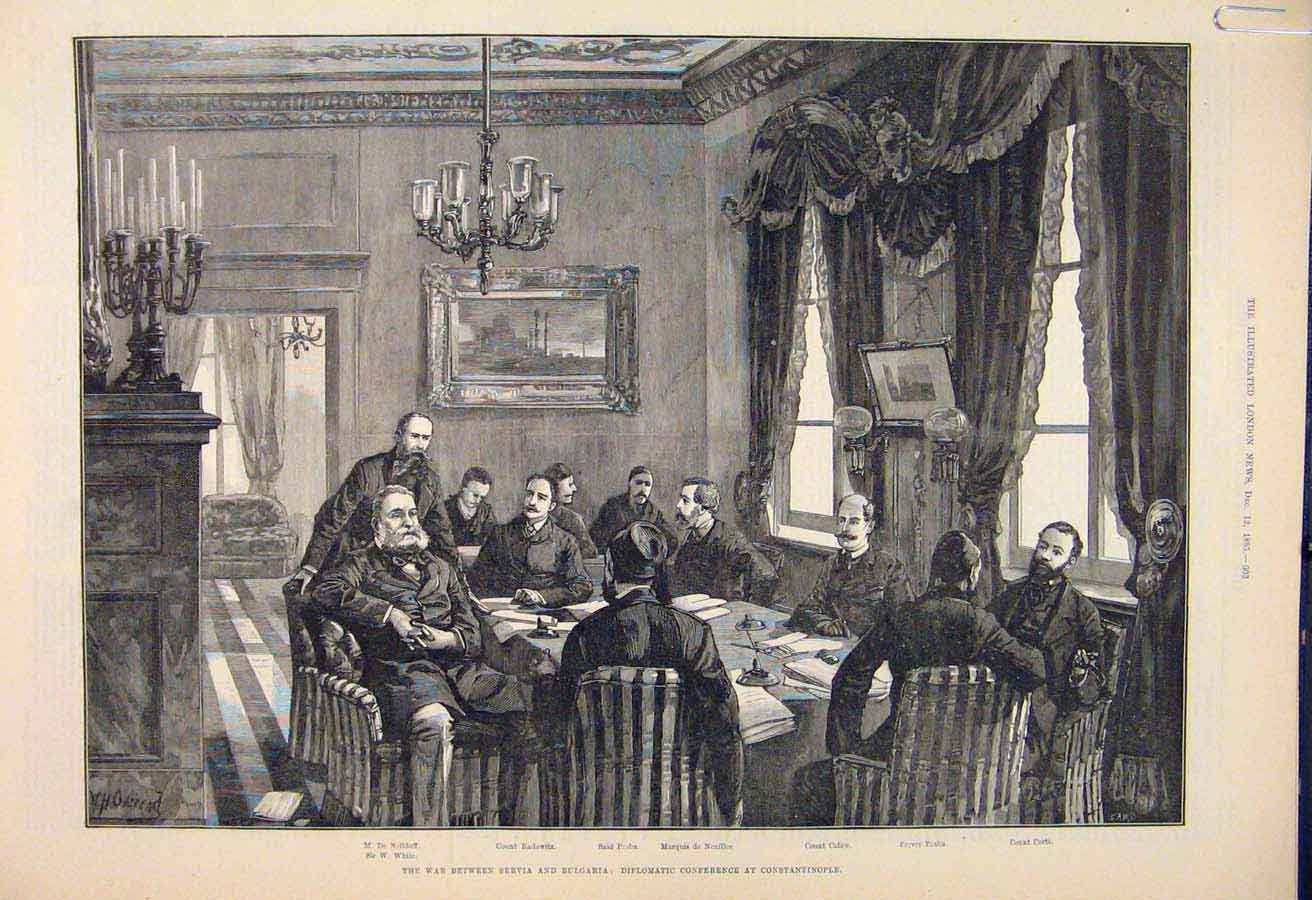 Original Old Antique Print War Servia Bulgaria Conference Constantinople Troops