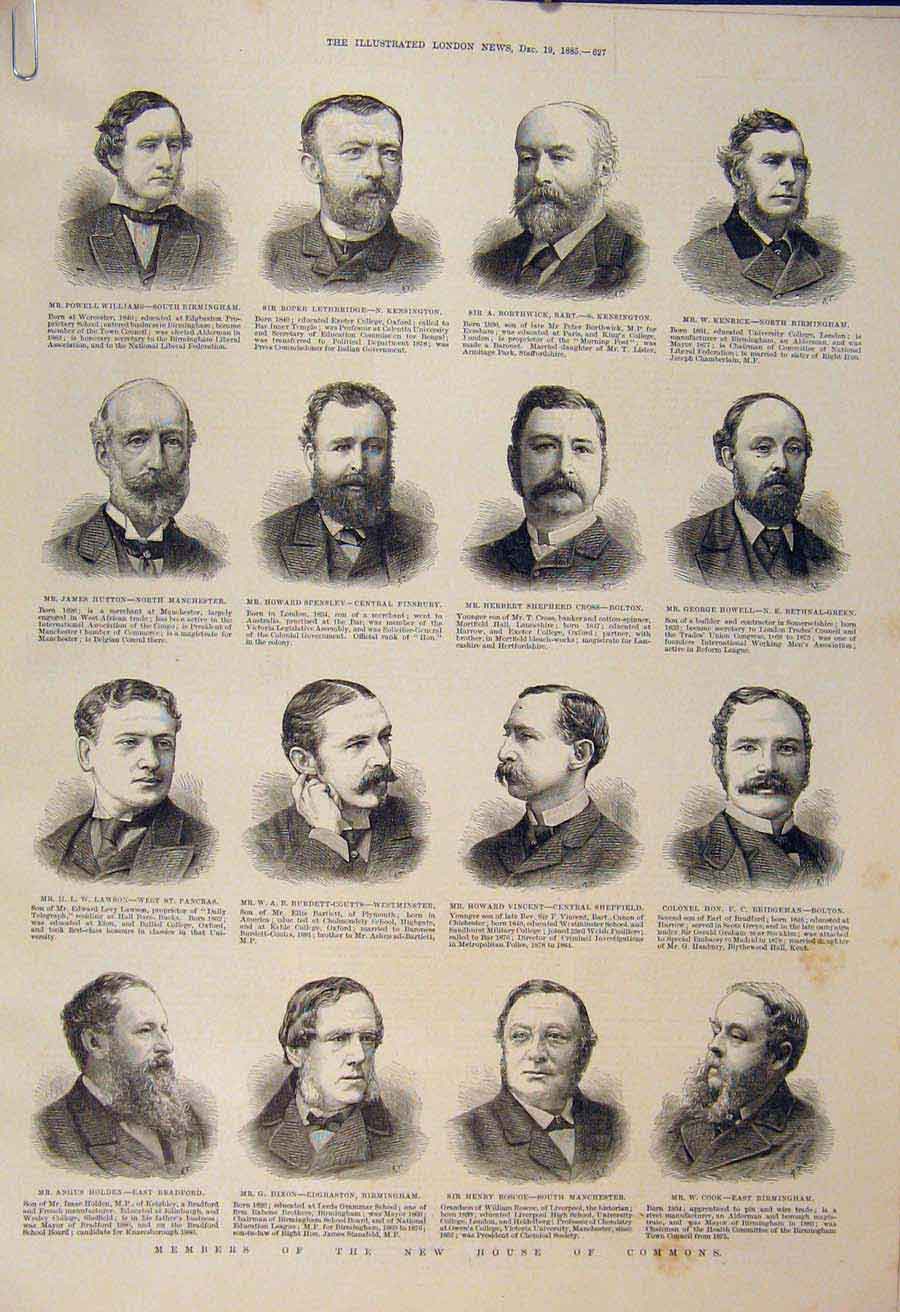 Original Old Antique Print Portrait Members House Commons Parliament 1885 19th