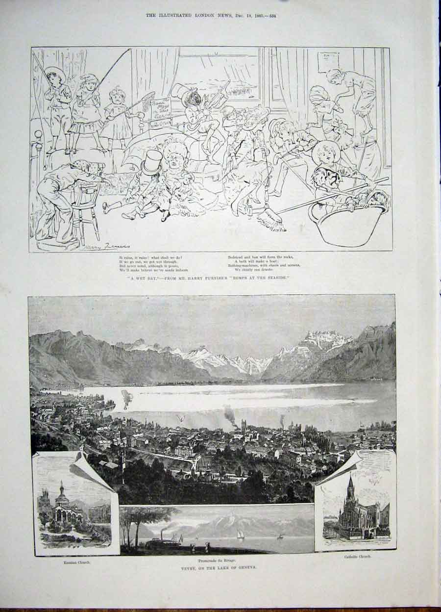 Original Old Antique Print Furniss Seaside Romps Vevey Lake Geneva Switzerland