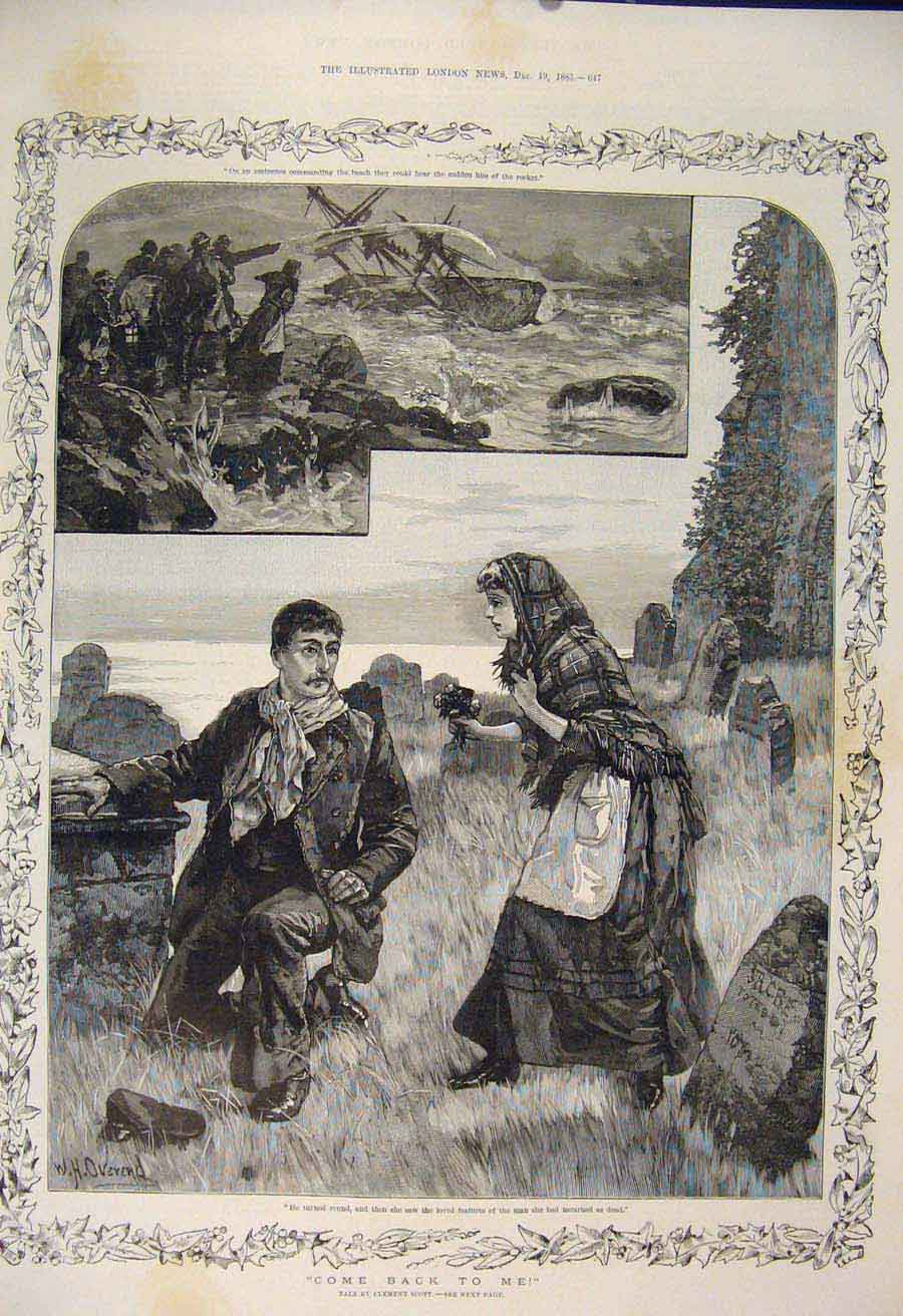 Old Antique Print Ship Wreck Sailor Man Lady Sea Story Overend Scott 1885 19th