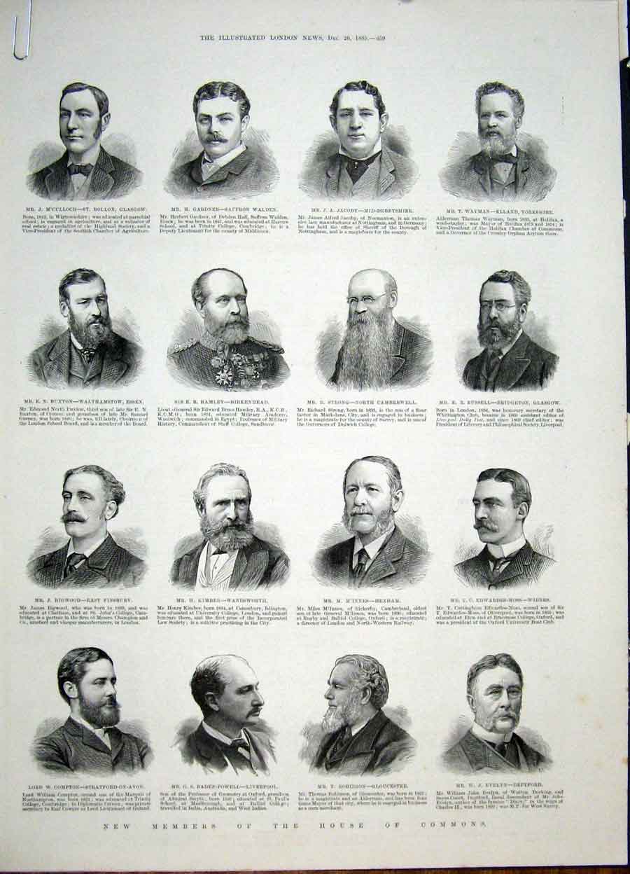 Original Old Antique Print Portrait House Commons Members London 1885 Victorian