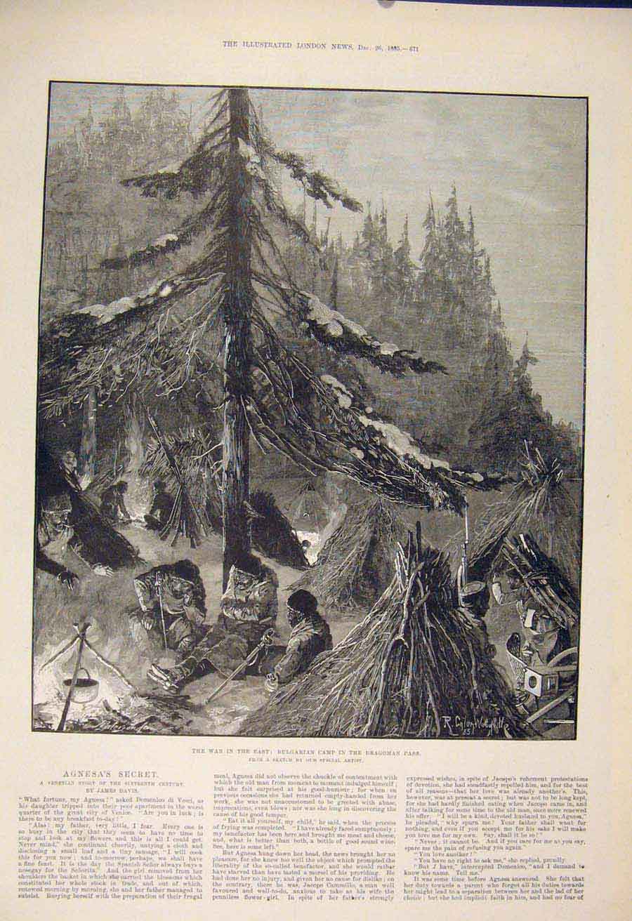 Original Old Antique Print Bulgarian Camp Bulgaria Dragoman Pass 1885 Victorian