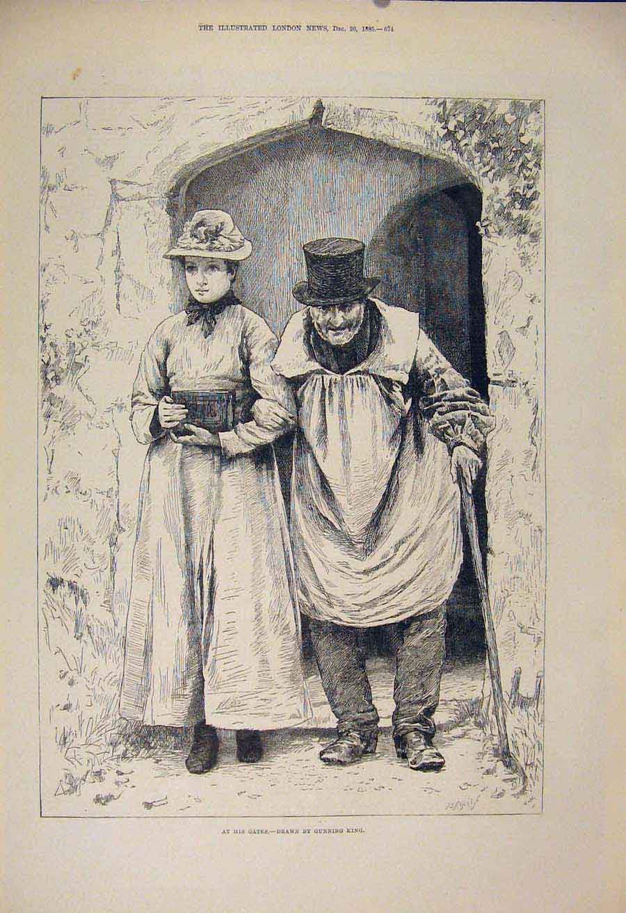 Old Antique Print Gate Gates Lady Man Daughter Father King Fine Art 1885 19th