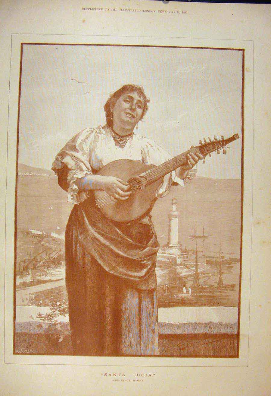 Original Old Antique Print Sepia Santa Lucia Seymour Lady Song Singer 1885 19th