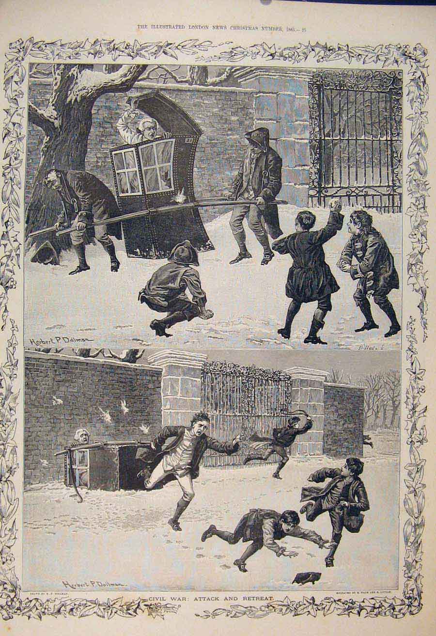 Original Old Antique Print Civil War Attack Children Games Snowball Dollman 1885