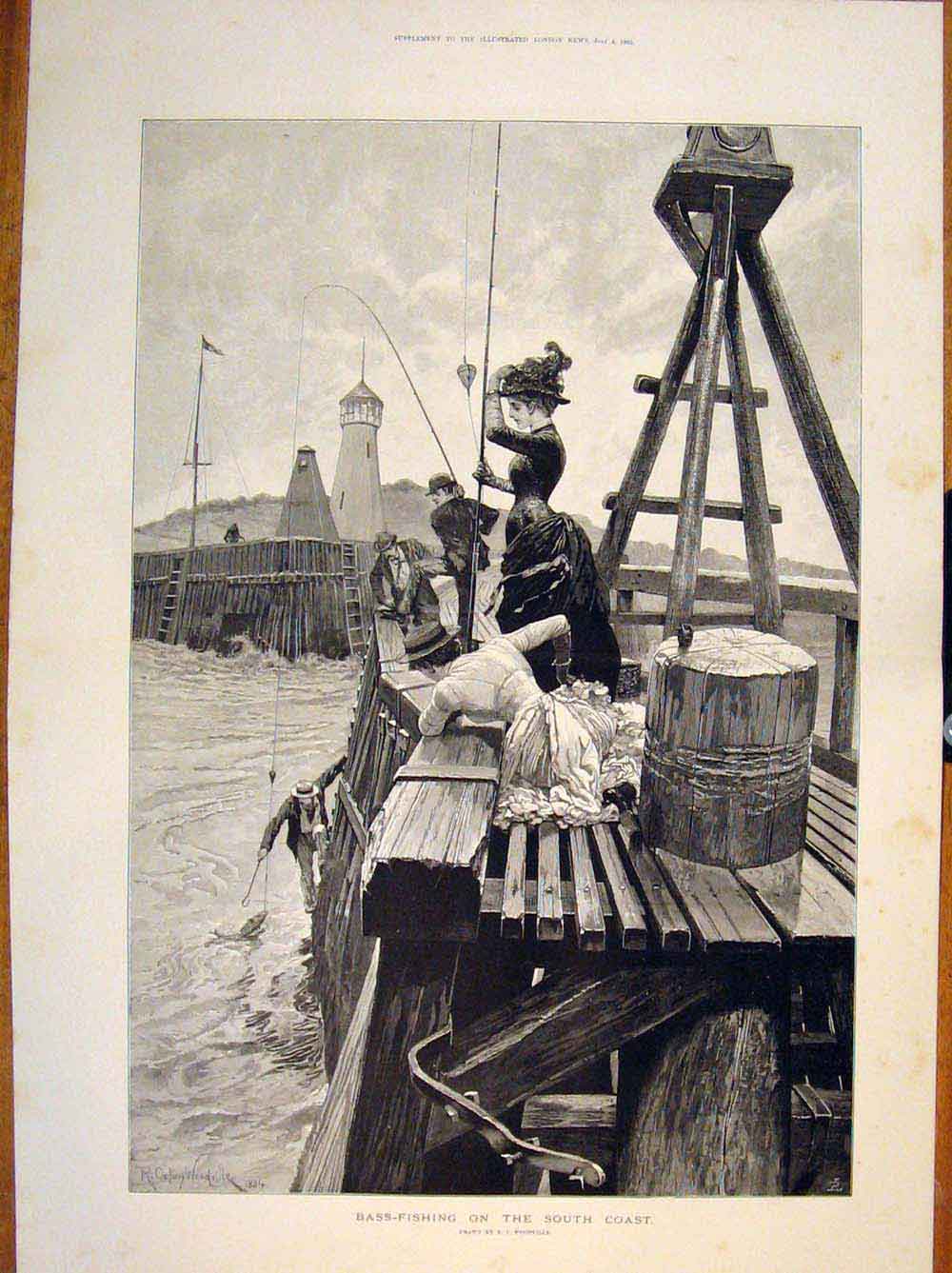 Old Antique Print Bass Fishing Fish Coast Lady Ladies Woodville 1885 Art 19th