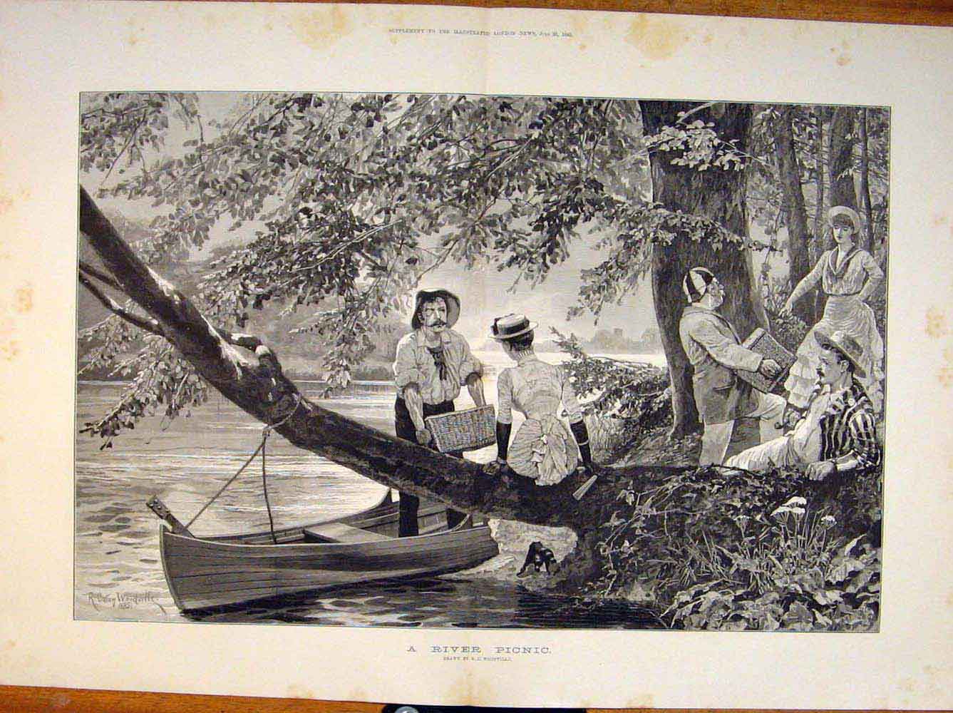 Original Old Antique Print River Picnic Woodville Lady Man Basket Fine Art 1885