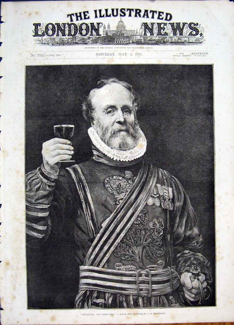 Original Old Antique Print Marshall Queen God Bless Salute Fine Art 1887 19th