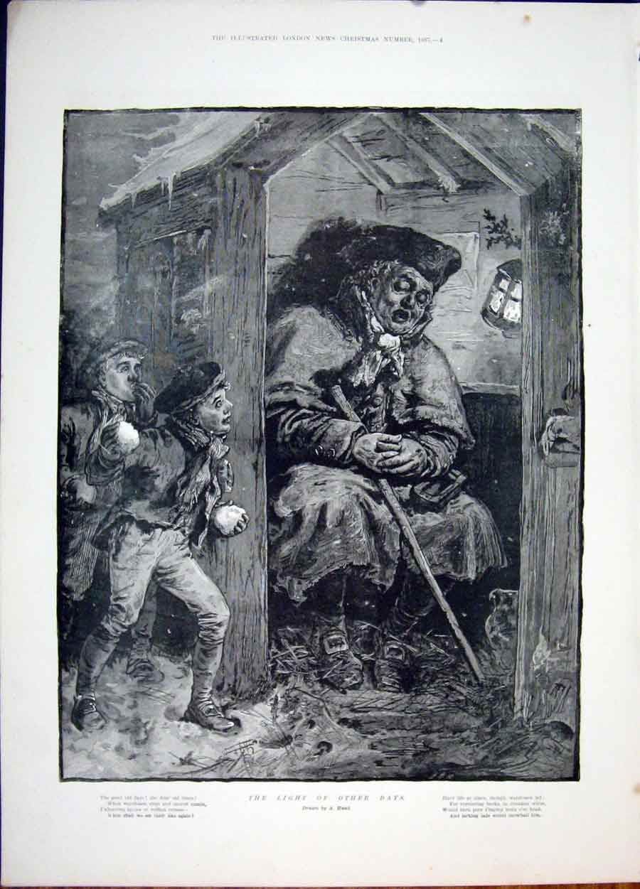 Original Old Antique Print Light Hunt Watchmen Child Snowball Fine Art 1887 19th