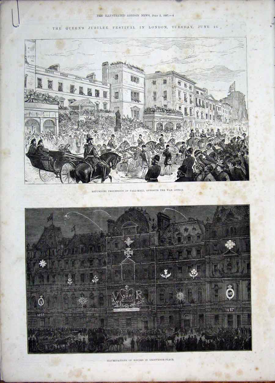 Old Antique Print Jubilee Festival London Pall Mall Grosvenor Aldershott