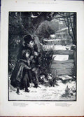 Original Old Antique Print Long Ago Child Winter Robin Church Hunt Fine Art 1887