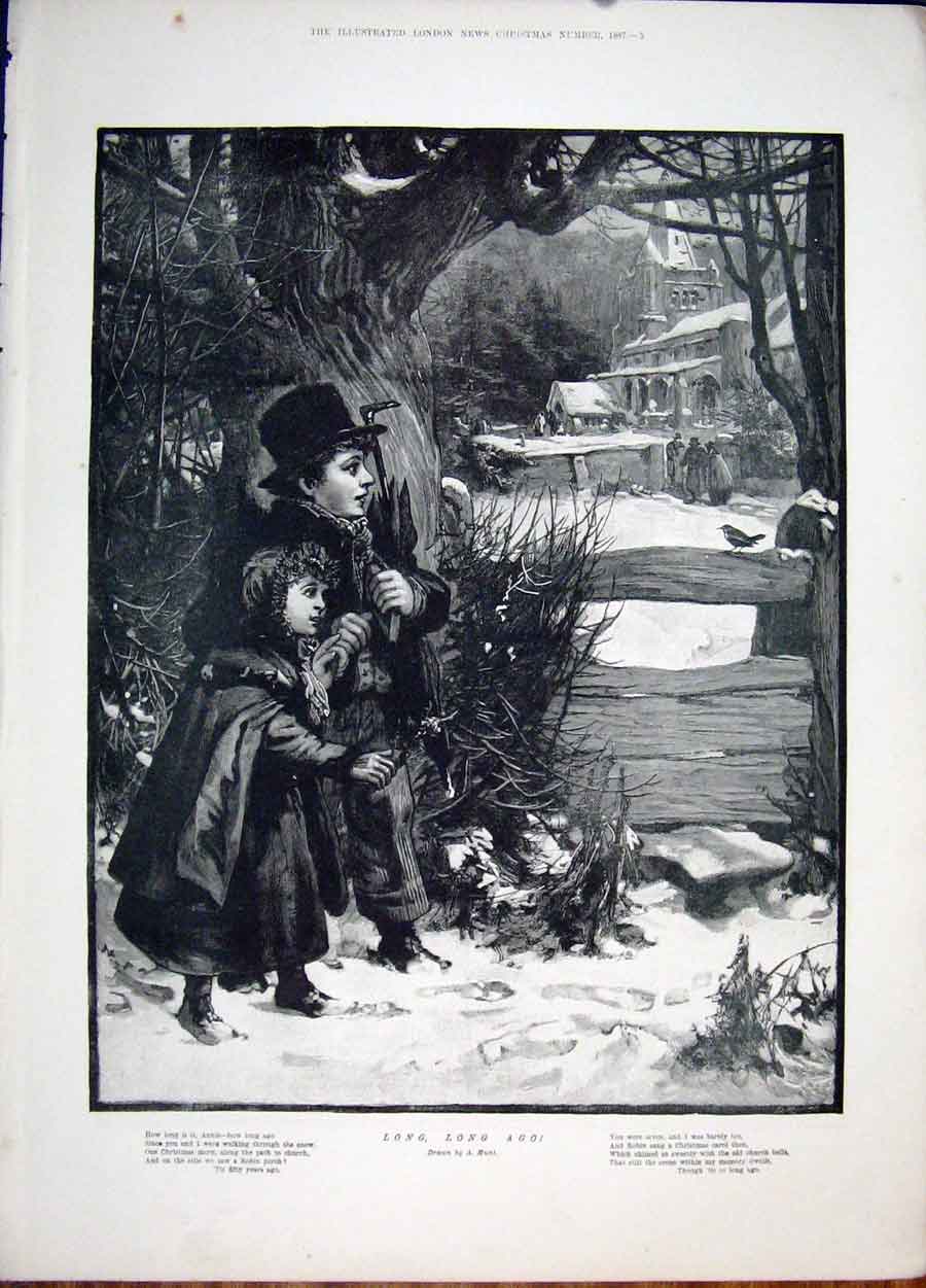 Original Old Antique Print Long Ago Child Winter Robin Church Hunt Fine Art 1887