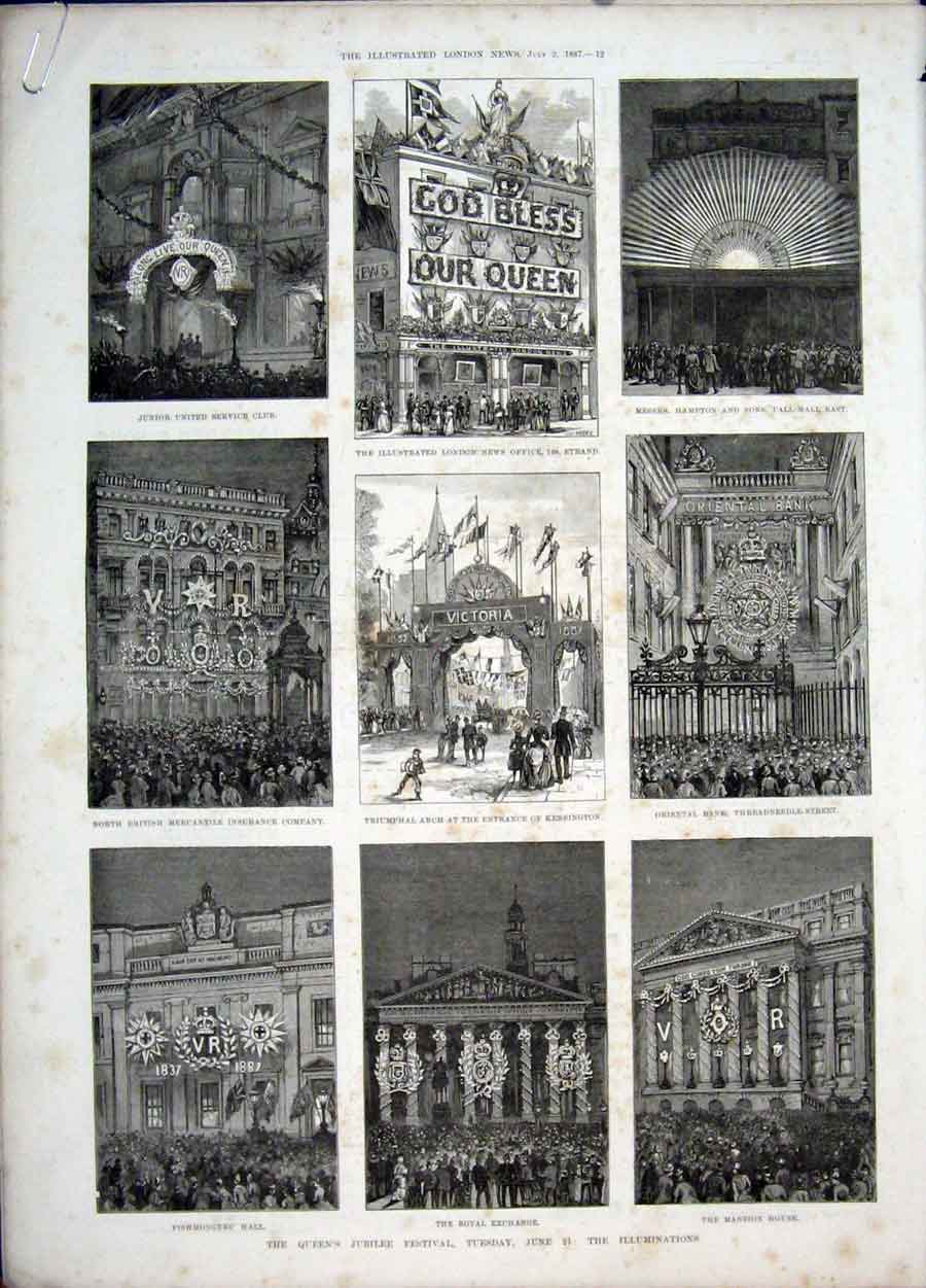 Old Antique Print Queen Jubilee Festival London Windsor Kensington 1887 19th