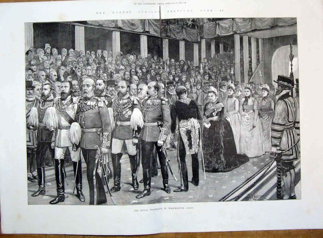 Original Old Antique Print Westminster Abbey Procession Jubilee Festival 1887