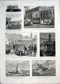 Old Antique Print Jubilee Yacht Race Buckingham Palace Westminster 1887 19th
