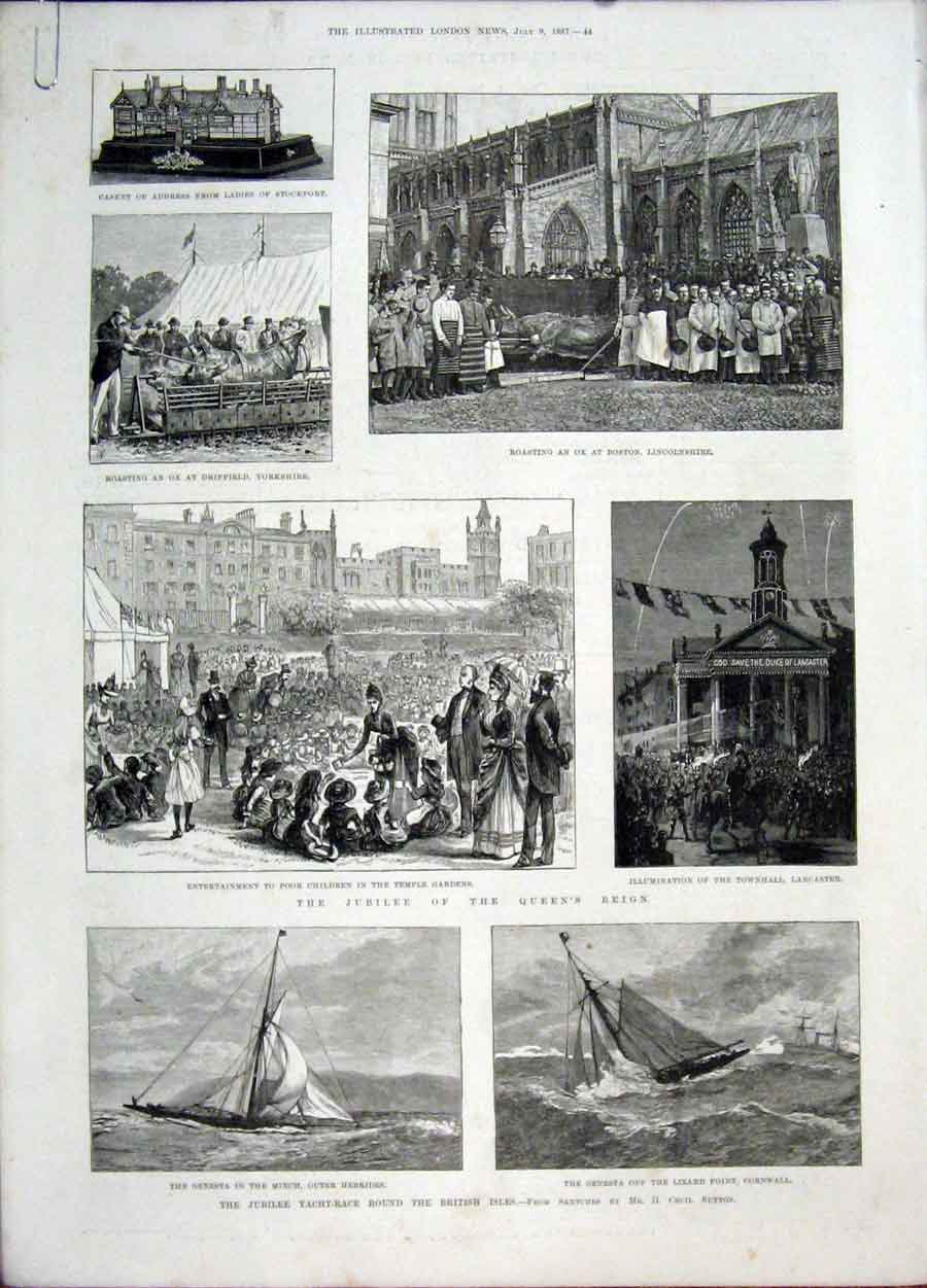 Old Antique Print Jubilee Yacht Race Buckingham Palace Westminster 1887 19th
