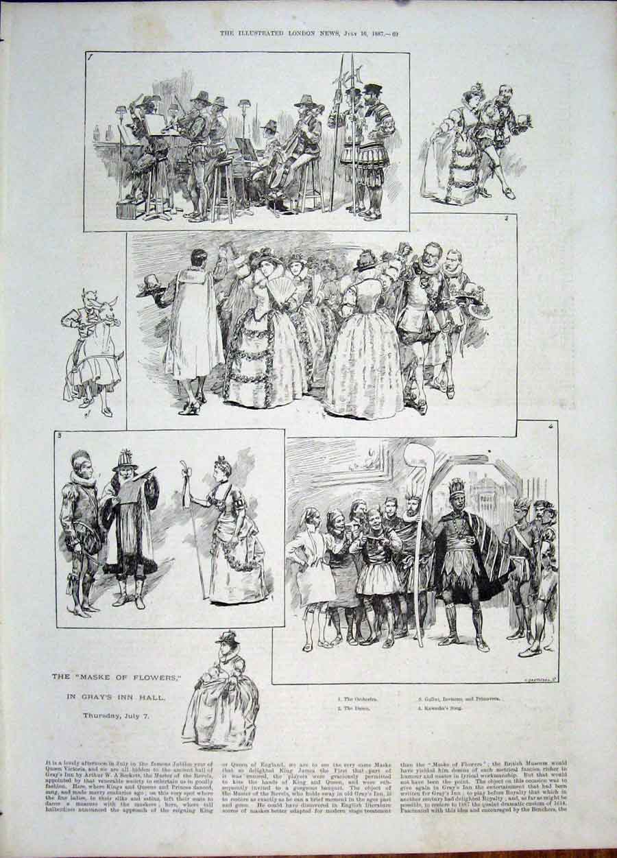 Original Old Antique Print Maske Flowers Gray'S Inn Hall A'Beckett Dance 1887