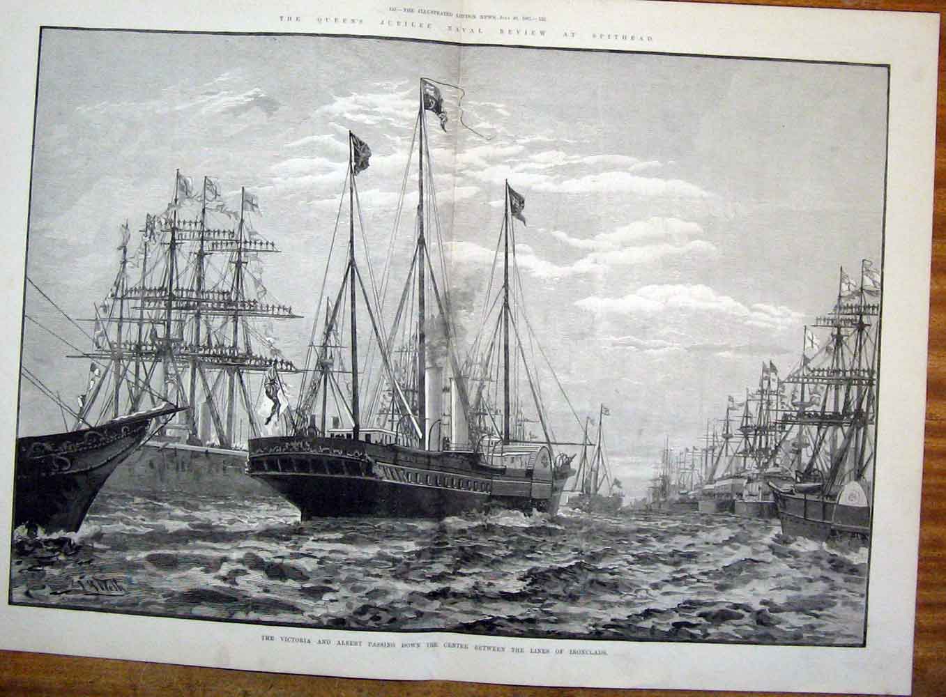 Original Old Antique Print Yacht Victoria Albert Ironclad Ship Jubilee Spithead