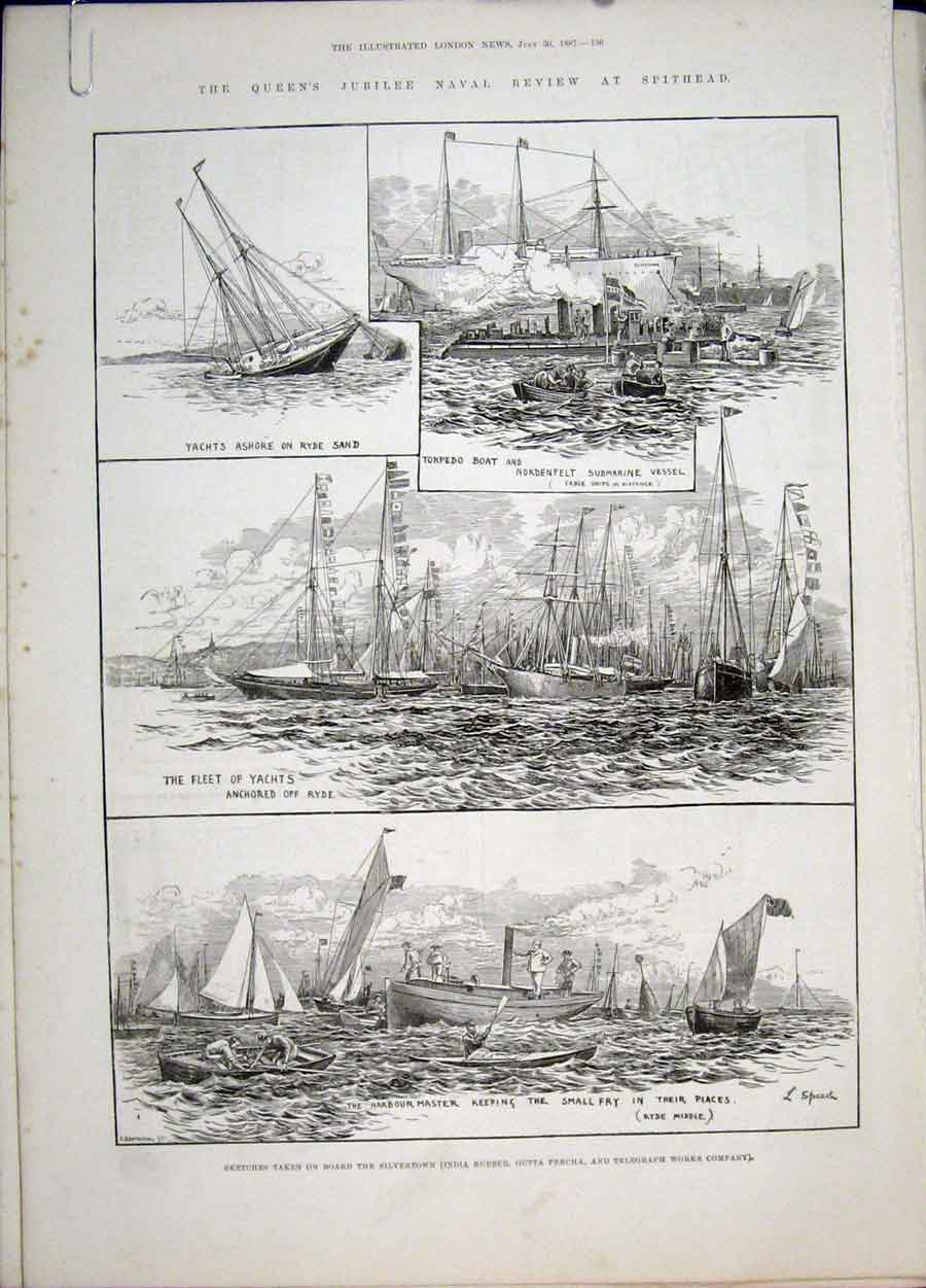 Old Antique Print Spithead Portsmouth Yachts Boat Torpedo Naval Victoria